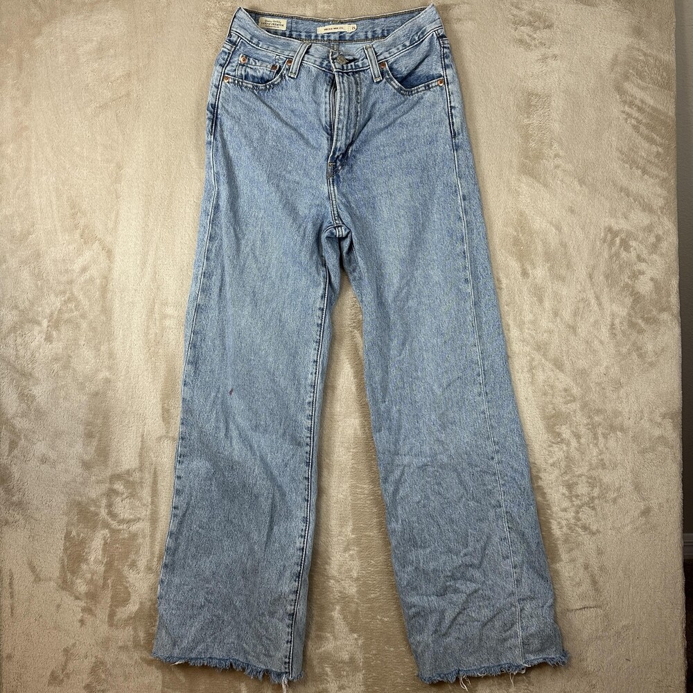 Levis Premium Ribcage Wide Leg Jeans Womens 25 Light Wash High Rise Raw Hem Blue